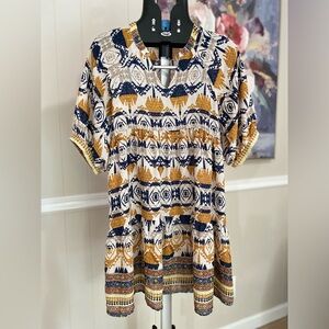 Umgee Aztec Boho Bohemian Mustard Navy dress 60% Cotton Sz S fits M